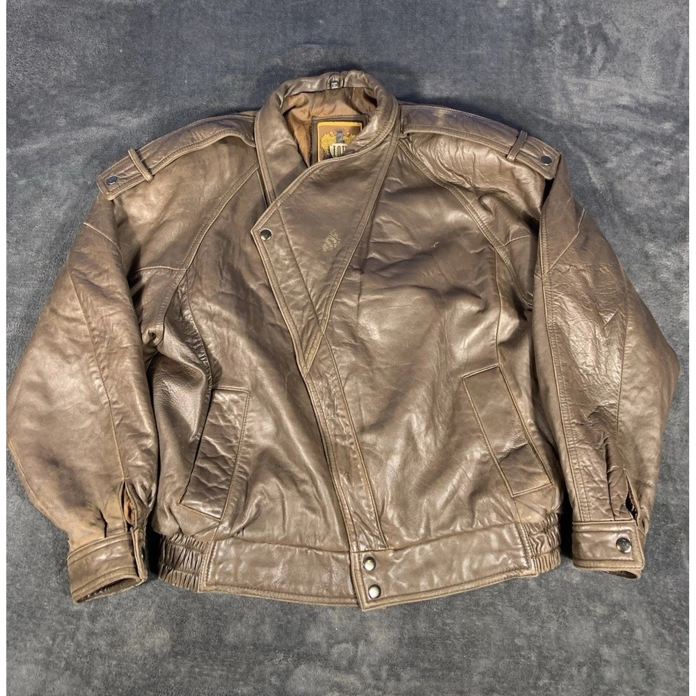 Vtg IOU Mens Leather Collections 90s Bomber Jacket Size Large Brown